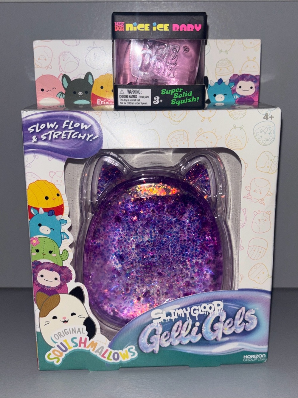 Gelli Gels Purple Glitter Squishmallow & Nice Ice Baby NeeDoh Sensory Toy Bundle